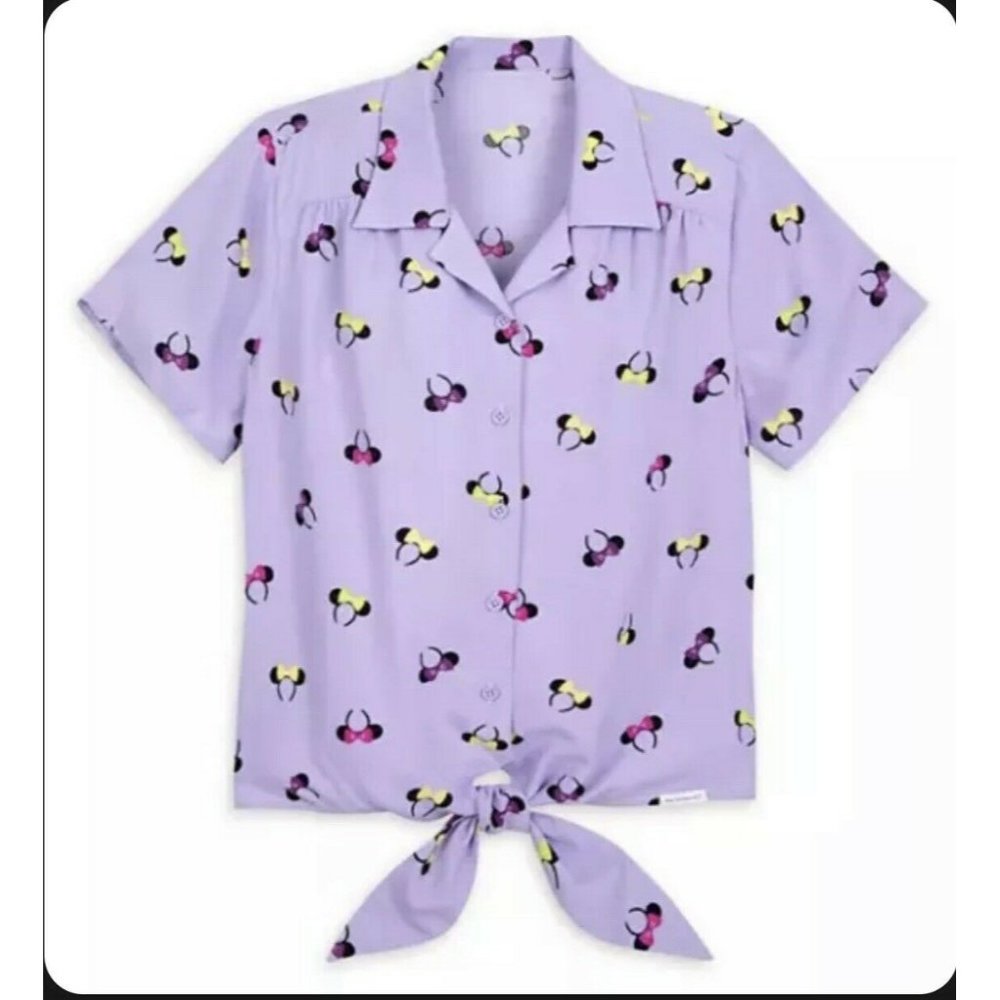 Disney Parks Her Universe Minnie Mouse Ear Headband Purple Shirt Tie Front Top M